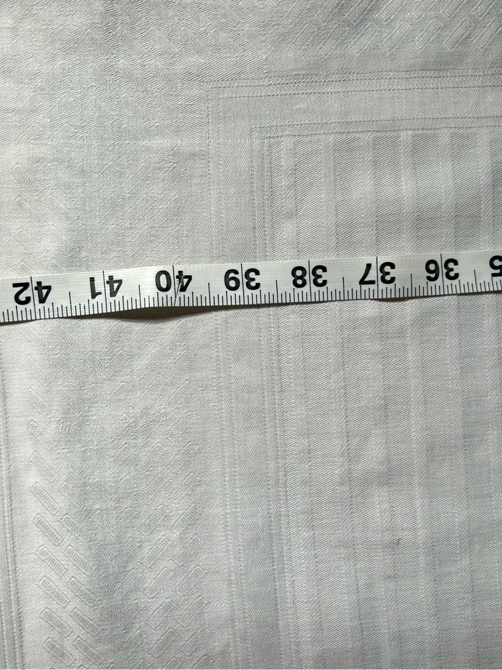 Vintage linen White work striped Tablecloth with decorative border 43 in square.